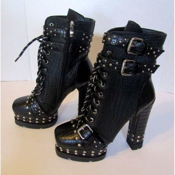 Azalea Wang Dolls Kill Ankle Boots NWOB Black Vegan Crocodile Heels Studded 8.5 - Picture 6 of 10